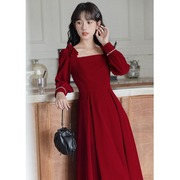 秋冬季2023年丝绒长裙宴会礼服收腰显瘦气质长袖红色连衣裙