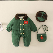 婴儿棉服东北军绿色连体衣冬季新生儿衣服加绒1厚2岁宝宝哈衣保暖