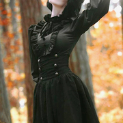 Lace Garden+魔法学院+复古宫廷风羊腿袖荷叶边黑衬衫lolita