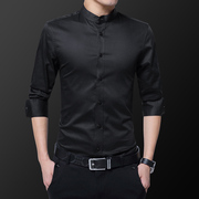 黑色小立领衬衫男长袖秋季中国风中山装圆领韩式称衫衣直领无衬衣