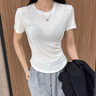 天丝羊毛白色短袖t恤女2024夏季时尚洋气打底衫薄款透明