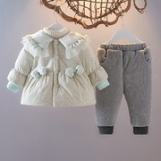 女宝宝冬装套装婴幼儿童棉，衣服01-2-3周岁小童，加厚夹棉卫衣两件套
