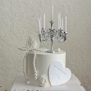 镀银色烛台蛋糕装饰摆件清新简约欧式复古生日烛台摆件烘焙蛋糕