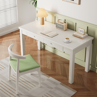 实木书桌白色北欧卧室家用台式电脑桌田园现代书房，写字办公长条桌