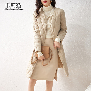 2023冬季韩版时尚白鸭绒(白鸭绒)圆领，长袖中长款轻薄打底内胆羽绒服女