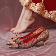 红色水晶高跟鞋女2024年法式细跟高级感单鞋秀禾服新娘婚鞋子