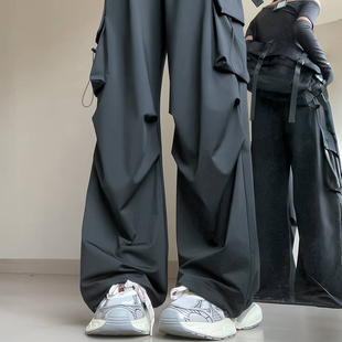深灰色工装裤女2024春秋美式运动裤大口袋直筒宽松休闲裤子女