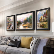 美式客厅装饰画沙发背景墙挂画山水三联画大气复古欧式风景油画