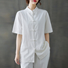 中式复古盘扣棉麻衬衫女短袖，白色开衫上衣夏季宽松大码亚麻料小衫