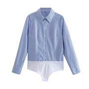 春夏蓝色细条纹连裆长袖衬衫薄款连身拼接连体工装欧美女衬衣