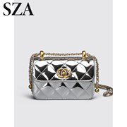 SZA时尚漆皮镜面银色包包女2024夏季菱格链条单肩斜挎小方包