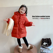女童冬装棉服外套2024洋气中长款棉袄儿童装红色过年喜庆衣服