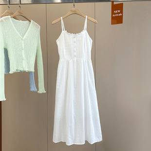 薄款法式小清新气质，甜美白色吊带连衣长裙2024夏季显瘦a字裙