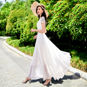 白色连衣裙女2023夏季蕾丝，短袖雪纺大摆显瘦气质，拖地长裙及踝