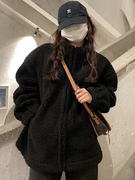 韩系慵懒风黑色毛衣开衫，厚外套秋冬仿羊羔，毛绒宽松常规长袖上衣女