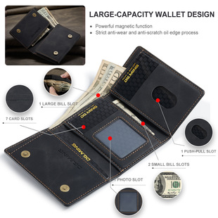 m1大容量三折钱包复古pu钱包，卡包多功能磁吸小钱包手抓包黑wallet