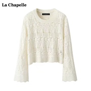 拉夏贝尔/La Chapelle镂空喇叭袖圆领针织衫女春季短款毛衣上衣