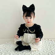 春季婴儿哈衣套装黑白连体衣两件套公主小香风洋气女宝宝衣服