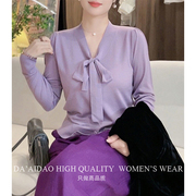 精仿羊毛衫系带v领长袖秋冬淡紫色，优雅气质开衫毛衣上衣韩版