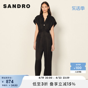 SANDRO  Outlet女装春季时尚阔腿收腰黑色短袖连体长裤SFPCO00189