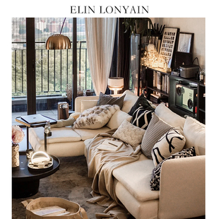 elinlonyain现代简约黑灰色系，沙发样板房客厅皮质拼接皮草抱枕