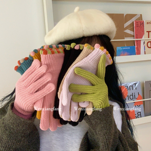 韩国ins小糖豆冬季露指毛线，针织手套女纯色，触屏保暖防风骑车分指