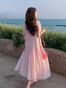 夏季法式粉色甜美温柔风褶皱连衣裙不规则下摆设计感初恋系长裙女