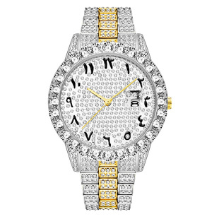 品牌时尚潮流镶水钻表带男士，石英手表时装满金色，玫瑰金国产(金国产)腕表