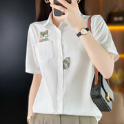 刺绣松鼠短袖白色衬衫女学生夏季韩版百搭纯棉文艺小清新法式上衣