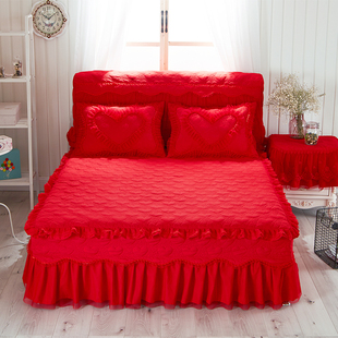 韩版蕾丝公主风床裙夹棉床罩三件套床上防尘罩T婚庆粉红色2.0