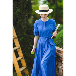 克莱因宝蓝色优雅气质曲线，修身显瘦大摆中长款棉质连衣裙