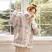 格子羊羔毛外套(毛外套)女秋冬季2023韩版宽松百搭加厚短款羊羔绒棉服
