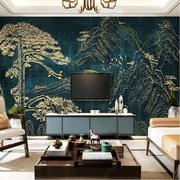 新中式金色浮雕壁纸国画山水迎客松背景墙布简约大气客厅沙发壁画