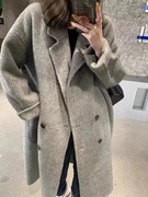 韩国高端澳洲羊绒大衣女，中长款过膝灰色，茧型小个子宽松羊毛呢外套
