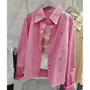 韩系玫粉色刺绣衬衫女小个子，休闲叠穿衬衣，2024春季长袖上衣潮