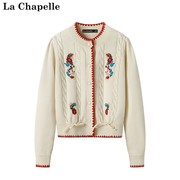 拉夏贝尔/La Chapelle复古新中式针织衫淑女手工刺绣花朵米白毛衣
