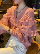 洋气温柔风设计感蕾丝木耳边拼接针织开衫，气质甜美长袖毛衣上衣女