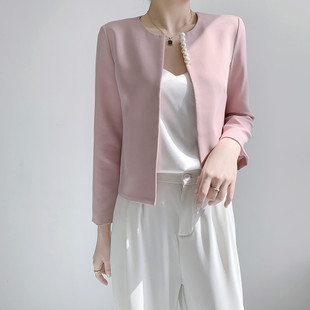 法式浅粉色小香风外套，女短款小西装，春秋气质开衫披肩外搭上衣