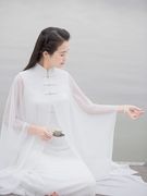 2023春夏女装中式中国风，立领旗袍披风，白色禅意连衣裙茶服禅服