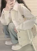 韩版宽松白色牛仔，外套女vintage春秋小个子工装，翻领休闲夹克