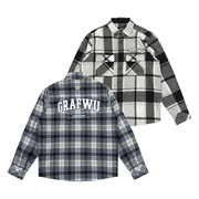 GRAF原创品牌黑蓝格弧形基础字母刺绣磨毛法兰绒宽松美式衬衣