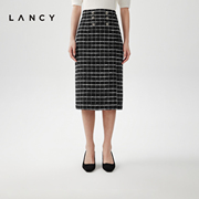 LANCY/朗姿2024春季黑白格子条纹半身裙女中长款棉质通勤裙子