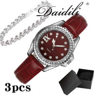 3pcswatchwomenbracelet女士，手表镶钻表盘，气质简约女款石英表