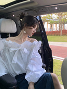 韩系chic法式独特别致上衣秋季一字肩白色蝴蝶结衬衫女设计感
