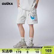 guuka白色重磅短裤男夏季潮情侣猫咪插画，百搭五分裤运动宽松