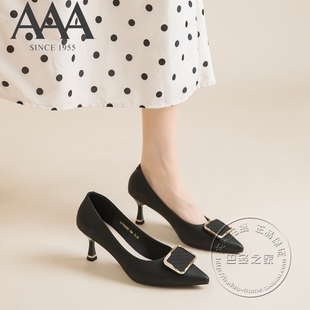 AAA女鞋PU皮鞋水钻金属方环片装饰尖头细跟高跟鞋气质浅口单鞋