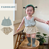 24夏款韩版婴儿衣服0-3岁女小清新吊带格子，上衣+印花裙裤2件套装