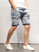 夏季重工牛仔短裤男做旧欧美多口袋，5五分短裤ins港风直筒工装裤子