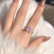 s925银戒指女爱心粉钻戒指女小众设计高级感开口尾戒指环素圈轻奢