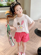 韩系童装女童套装夏装，女宝宝洋气印花条纹短袖，t恤白短裤套装